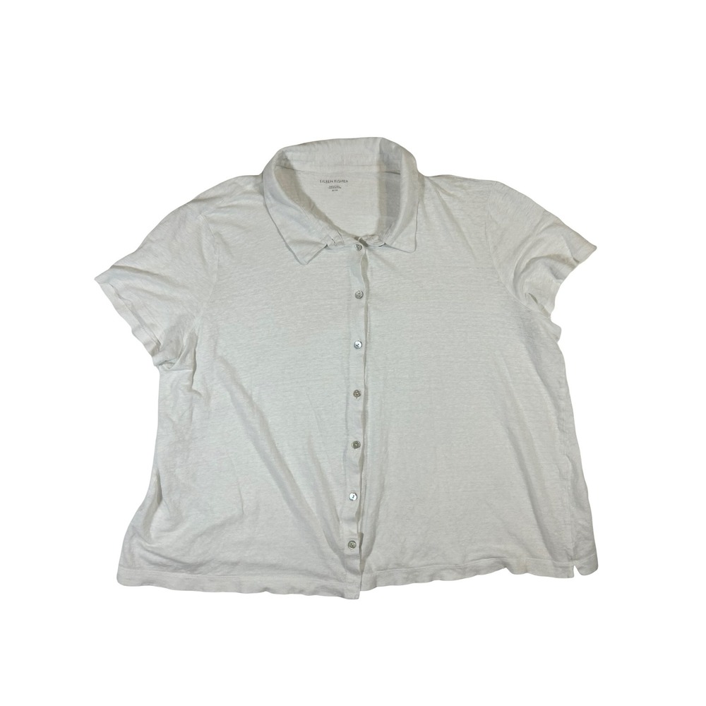 Eileen Fisher White‎ Short Sleeve Button Up Shirt Slub Knit Boxy Top Medium